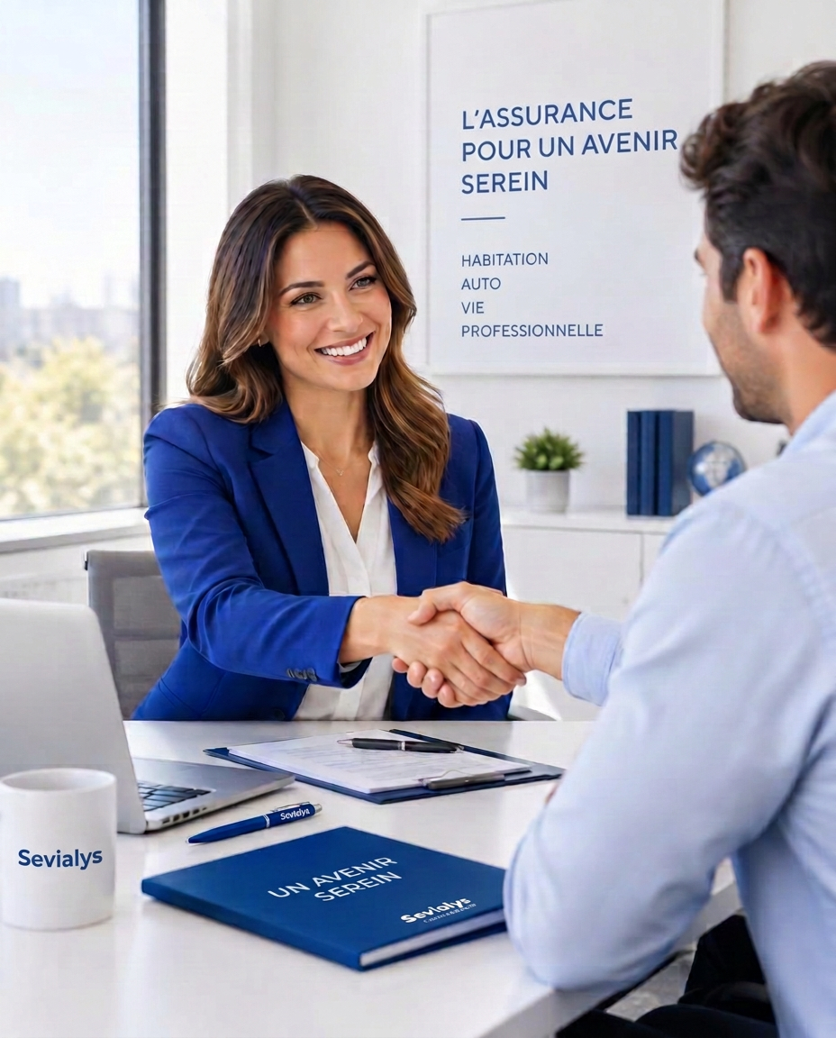 Une conseillère Sevialys souriante serre la main d'un client
